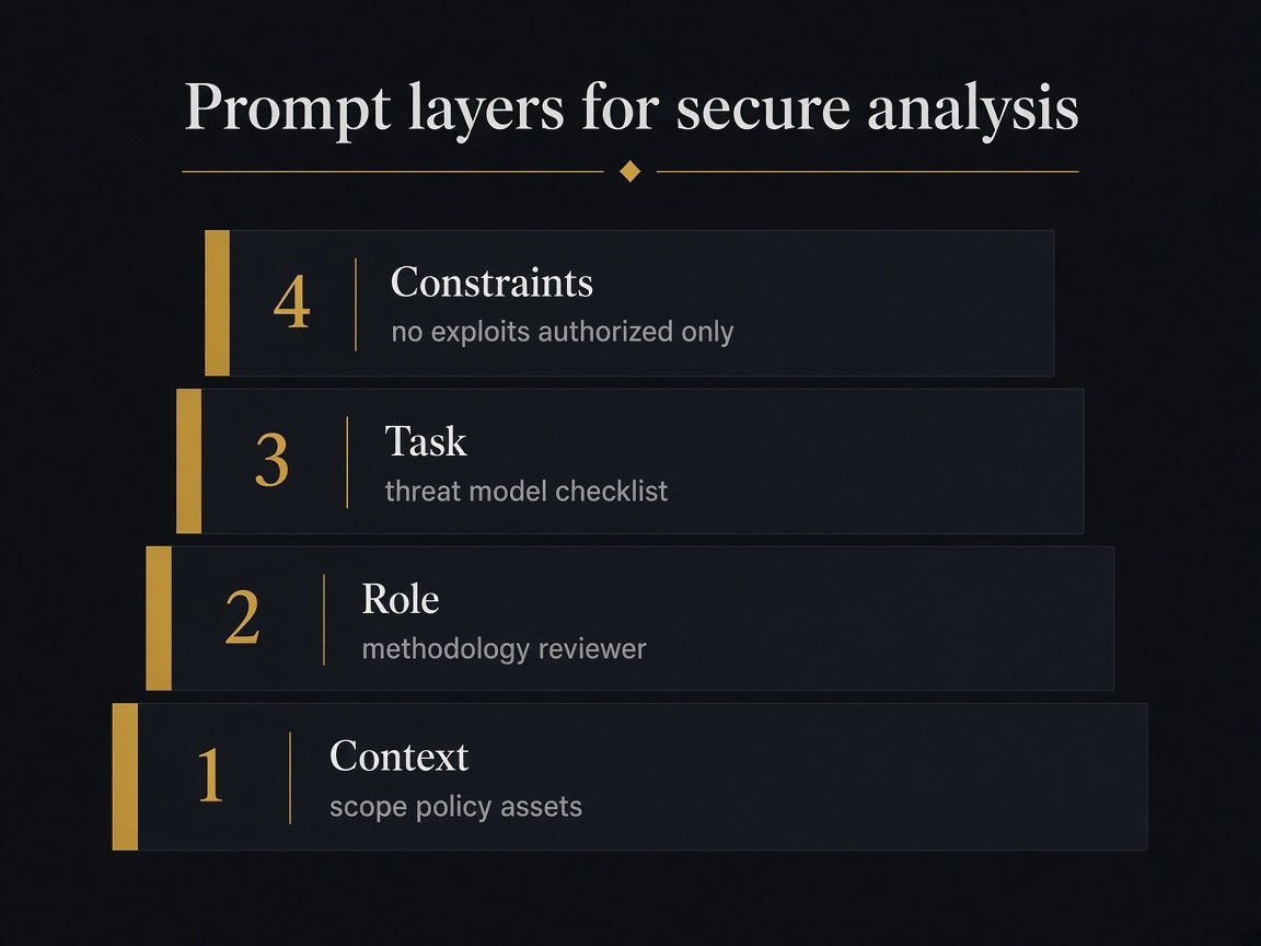 Four prompt layers: Context, Role, Task, Constraints for secure Claude analysis